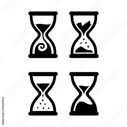 Vector art of collection of hourglass icons showing the passage of time sandglass, sand timer, time measurement tool