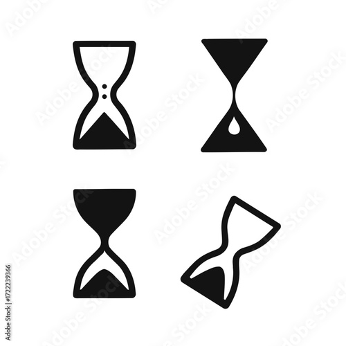 Vector art of a set of hourglass icons with various designs, , symbolizing time, waiting, and the passage of moments
