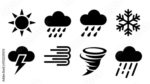 Weather icons: sun, rain, snow, storm, wind, tornado, lightning, cloudy
