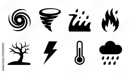 Natural disaster icons: hurricane, tornado, flood, fire, storm, lightning, drought, temperature
