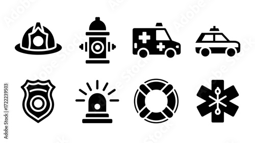 Emergency and rescue icons: firefighter, ambulance, hydrant, police, siren, lifebuoy, medical
