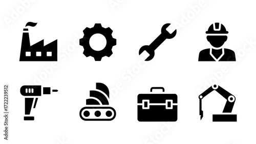 Industry and engineering icons: factory, gear, wrench, drill, toolbox, worker, robot arm

