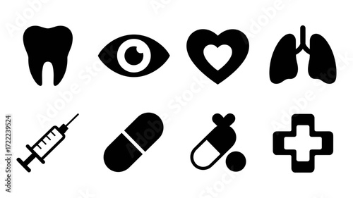 Medical and health icons: tooth, eye, heart, lungs, syringe, pills, capsule, medical cross
