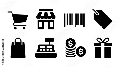 Shopping and retail icons: cart, store, barcode, price tag, bag, register, money, gift
