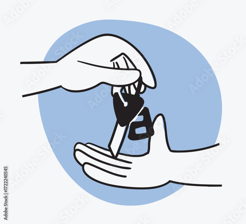 The real estate seller hands over the keys to the buyer, the client. Illustration shows the transaction of buying, renting or selling real estate. Services of realtor