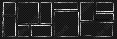 Chalk Frames and text boxes doodle set. Rectangle and square shapes, grunge crayon borders in sketch style. Hand drawn vector illustration isolated on black background