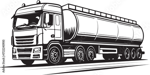 Fuel truck Hand-drawn Vector Illustration, Sketch Drawing Doodle Line Linear Symbol Icon Engraving Coloring Book, Black and White Isolated