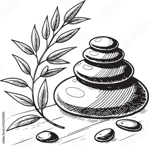 Hot stone set for Massage and SPA Hand-drawn Vector Illustration, Sketch Drawing Doodle Line Linear Symbol Icon Engraving Coloring Book, Black and White Isolated
