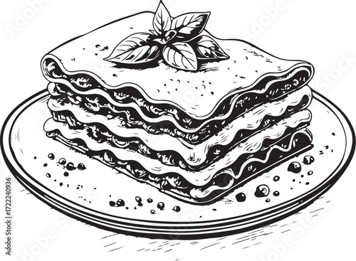 Lasagna on Plate Dish Meal Hand-drawn Vector Illustration, Sketch Drawing Doodle Line Linear Symbol Icon Engraving Coloring Book, Black and White Isolated