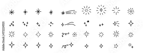 Bling effects with confetti give twinkle to celebrate and star icons. Vector firework emphasis enhances icon line elements in graphic form. Sketch background with drawn simple spark glitter hand doodl