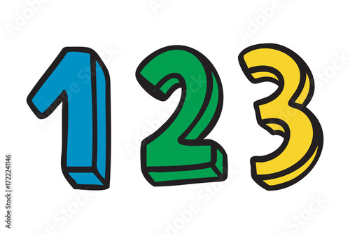 Hand drawn numbers 1 2 3, playful learning count, colorful doodle, hand drawn