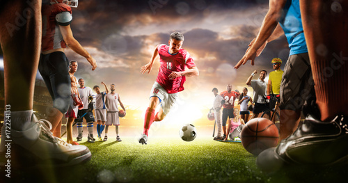 The multi sports collage including boxing, ice hockey, basketball, cycling, soccer, american football, fitnes, gym, baseball, volleyball with soccer player in the main role on the grand arena