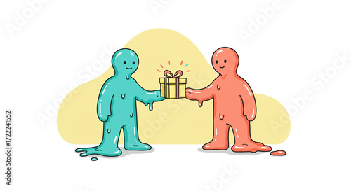 Two abstract blob figures exchanging a glowing present, a vector illustration representing generosity, kindness, and connection