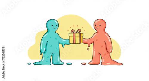Illustration of two abstract blob-like characters exchanging a gift box with a glowing ribbon, symbolizing giving and receiving