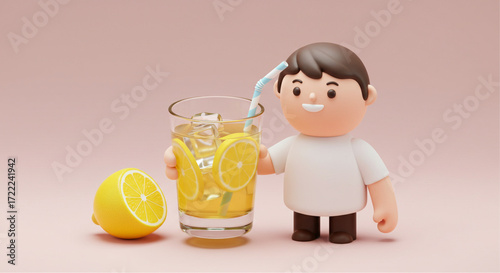 Refreshing Lemonade Cartoon Man with a Chilled Citrus Drink on a Pastel Backdrop