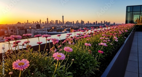 Rooftop garden with pink flowers and city skyline at sunset  