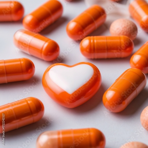 Orange capsules and heart-shaped pill on white background  
