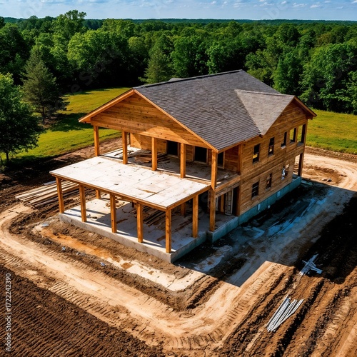 Wooden house under construction surrounded by green fields and trees  