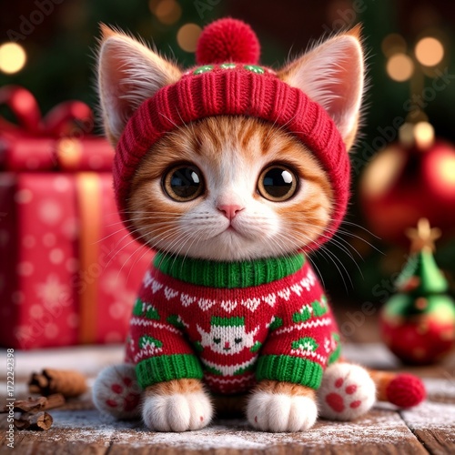 Cute ginger kitten wearing a festive sweater surrounded by gifts
