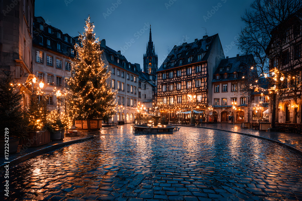 Fototapeta premium Christmas tree and xmas market at Kleber Square at night in medieval city of Strasbourg - capital of Noel, Alsace, France.