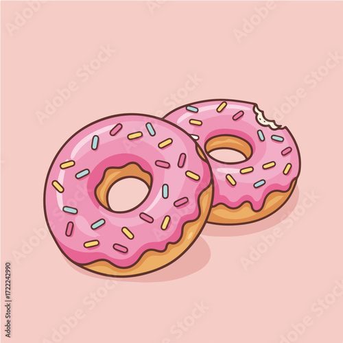 Two delicious pink frosted donuts adorned with colorful sprinkles, one partially eaten, presented against a soft pastel background.