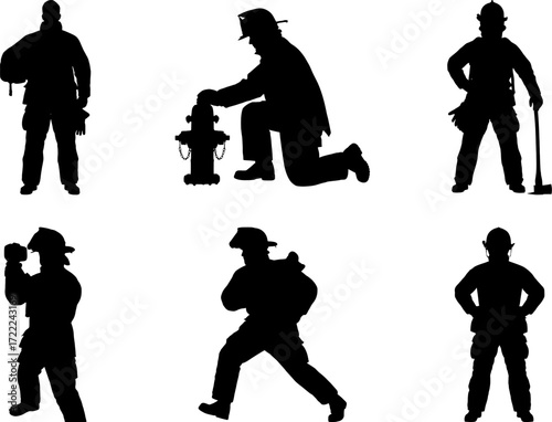 Set of 6 firefighter silhouettes different poses fire safety emergency rescue worker Ve