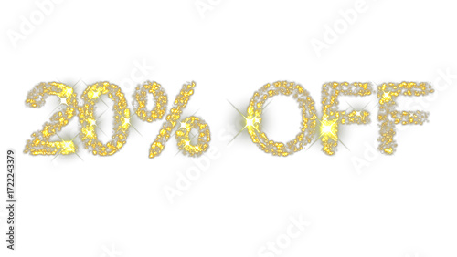 Sparkling text animation displaying 20% off promotion in shimmering gold effect for seasonal discount sale on transparent background