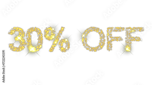 Sparkling text animation displaying 30% off promotion in shimmering gold effect for seasonal discount sale on transparent background