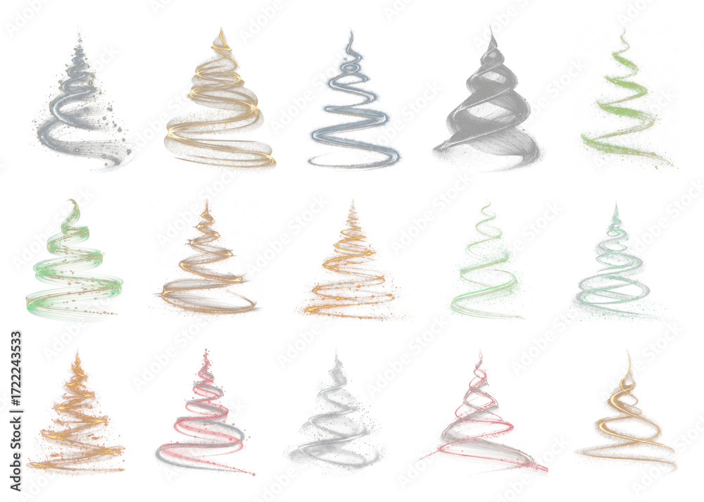 Obraz premium PNG Colorful spiral Christmas trees, element set on transparent background