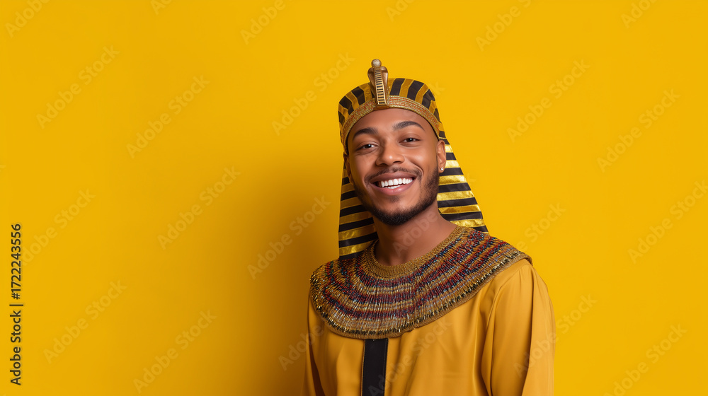 Obraz premium African American man smiling in egyptian pharaoh costume with golden headdress and colorful collar standing against yellow background for halloween or carnival celebration.