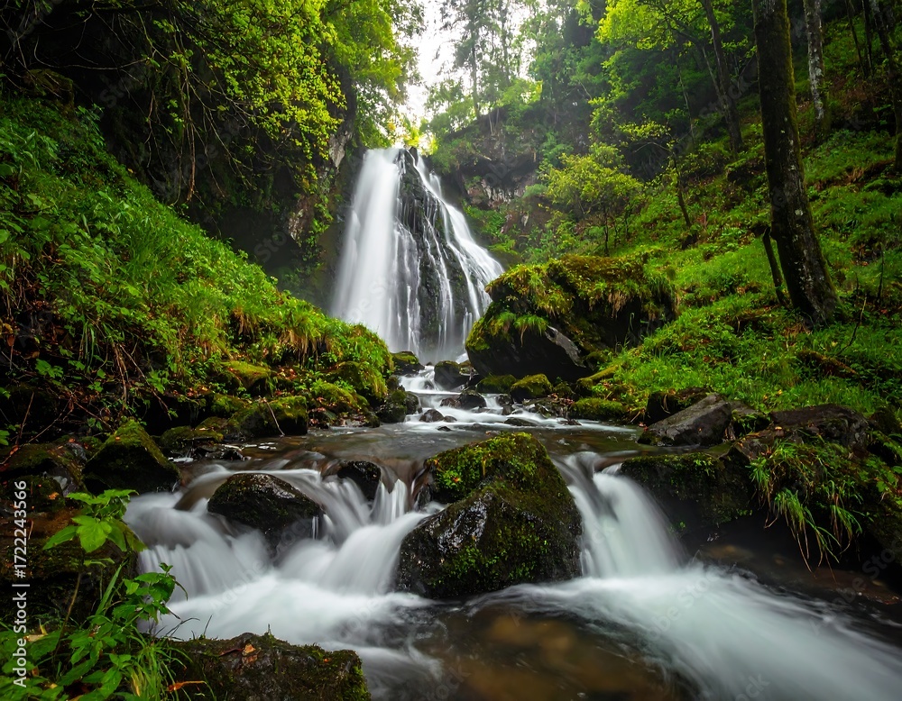 Naklejka premium Lush waterfall cascading through mossy forest (1)
