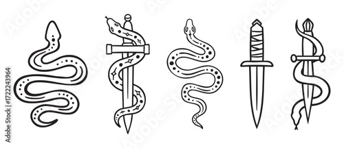 Swords and snakes set, coiling serpents and blades, monochrome line art hand drawn style