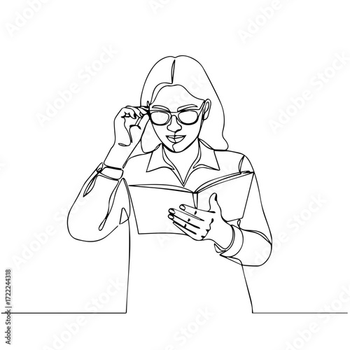 Woman reading book while adjusting glasses in minimalist outline style  