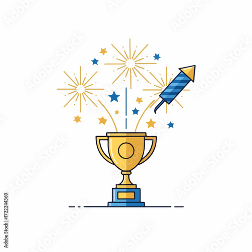 Winner trophy with fireworks and stars in colorful design  