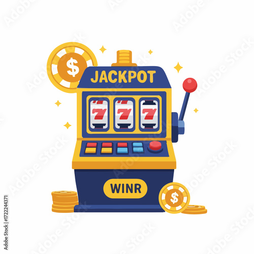 Colorful slot machine with jackpot symbols and coins on display  