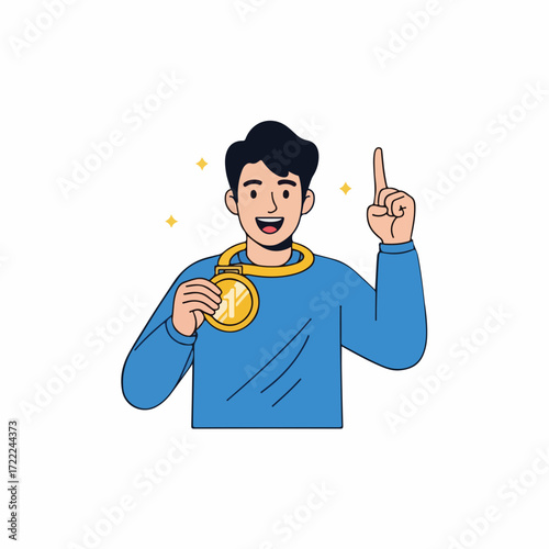 Young man celebrating with medal and smiling joyfully indoors  