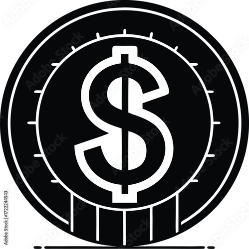 Black and white illustration of a coin with a dollar sign