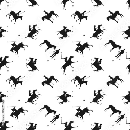 Seamless rotated pattern of polo players and horses in black silhouettes on white background