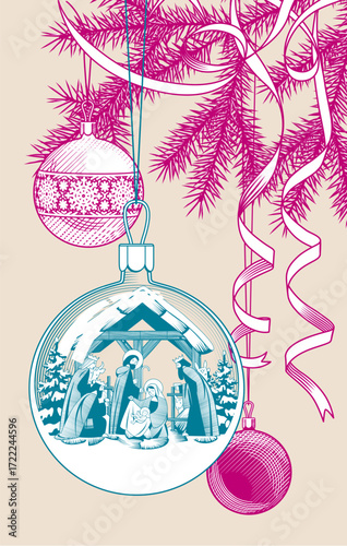 Christmas decoration of a glass ball with the Nativity scene and other decorative balls hanging on a fir branch. Vector illustration in vintage color linear 
and engraving style