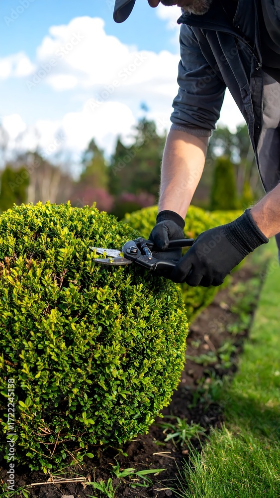 Obraz premium Gardener trimming hedges in a park