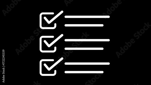 Checklist line icon animation. document marking, tick mark icon animation on black background