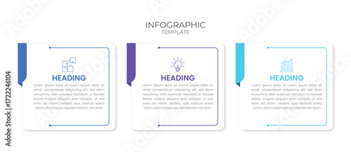 Modern 3-step infographic template with colorful boxes and minimal icons. Perfect for business workflow, process diagrams, presentations, and data visualization.