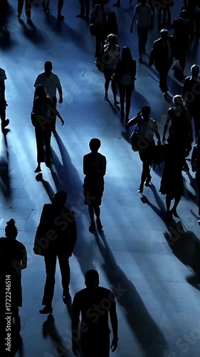 A silhouetted crowd of diverse individuals is moving through the bustling urban space