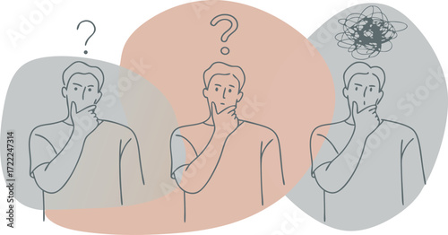 Three people pondering questions confusion and thoughtful moments represented
