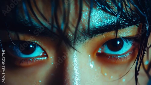 Close-up of a person's eyes glistening with water droplets, showcasing intense emotion and detail