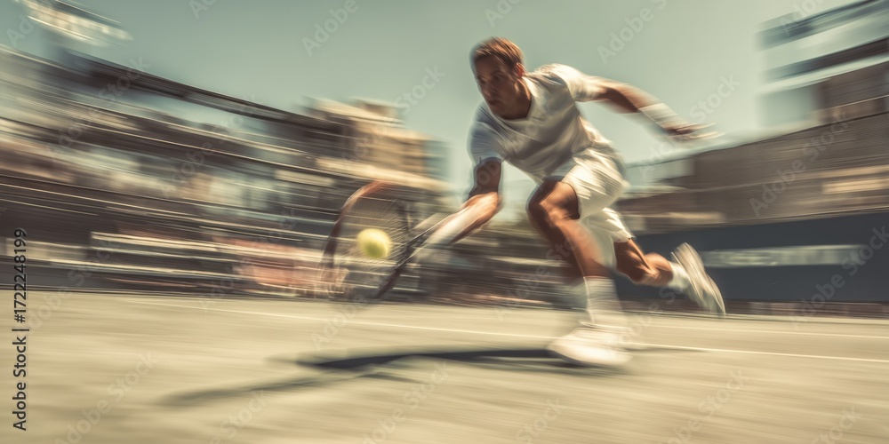 Fototapeta premium A tennis player racket blurs mid swing, striking the ball with intense focus and motion. The image radiates energy, precision, and athletic passion.