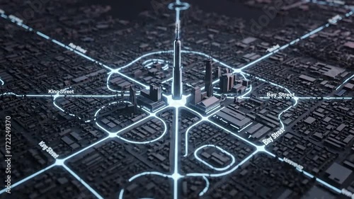 Abstract visualization of a futuristic smart city with a glowing digital network connecting urban infrastructure