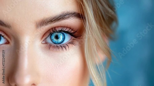 Close-up of a woman's eye showcasing vibrant blue iris against a soft blue background