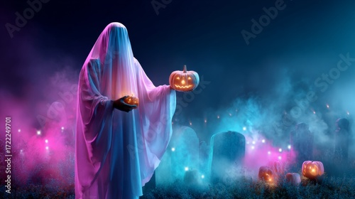 Person dressed as a ghost holding glowing pumpkins in a foggy graveyard at night for Halloween celebration.