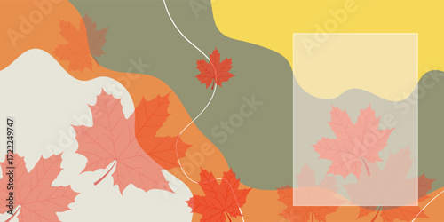Autumn abstract colorful Background. Fall season and Thanksgiving theme. Editable vector templates with leaves and geometric pattern. Nature elements for poster, banner, cover, card, Sale, advertising